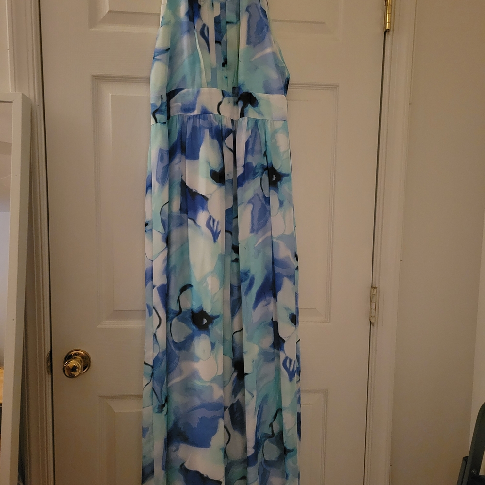 Nine West Aqua and Blue Watercolor Halter Maxi Dress